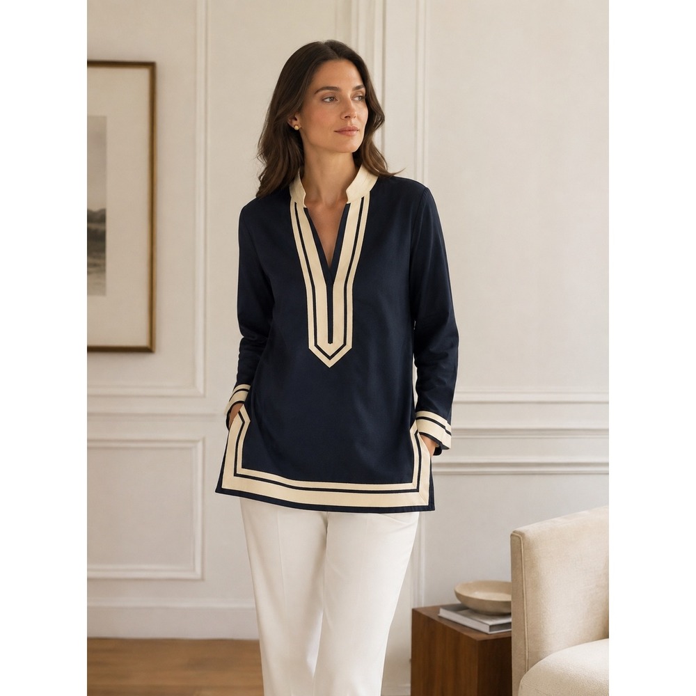 Tory Burch Tunic Women 10 Navy Blue Excellent Cotton Contrast Trim 33081138